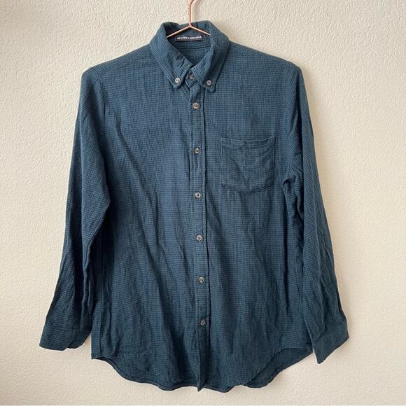 Brandy Melville check plaid 3/4 sleeve button down shirt navy blue forest green - Picture 1 of 5